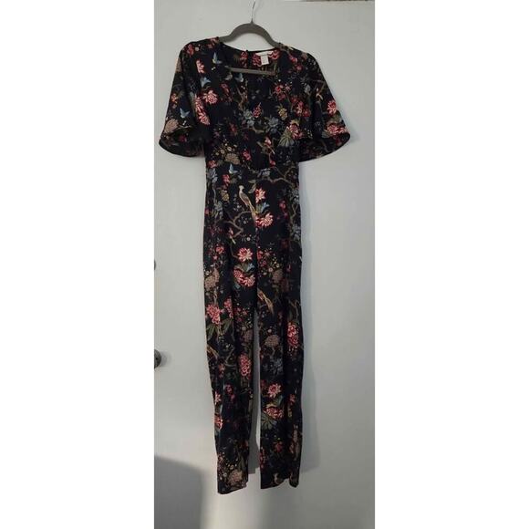 H&M Black Floral Bird Print Jumpsuit Size 00 Elegant Boho Chic One Piece - Picture 2 of 7